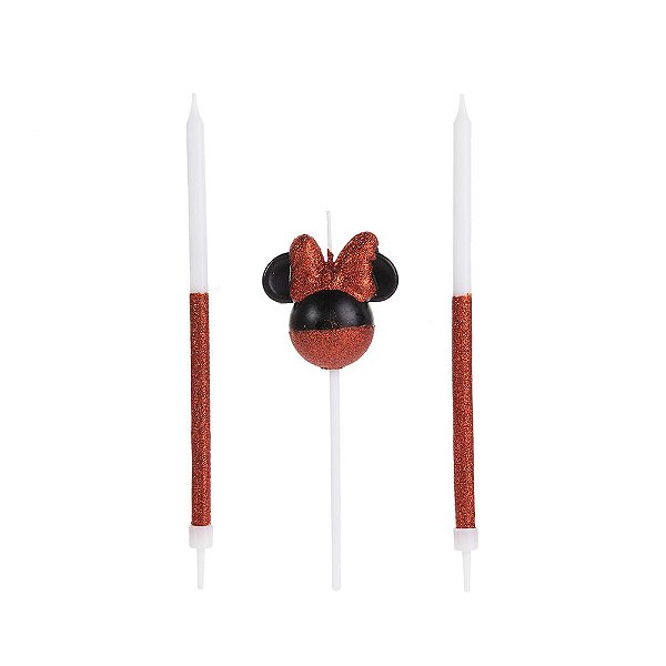 Vela Minnie 360 Meio Glitter Vermelha - 3 Un