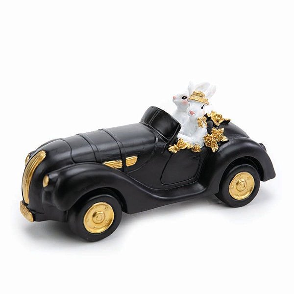 Coelho Decorativo Resina Dirigindo Carro Preto e Branco 10x8x21 - 1 Un