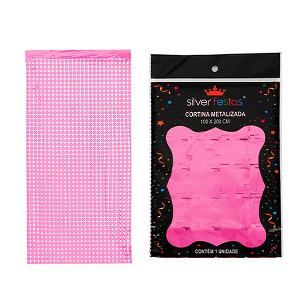 Cortina Quadriculada Metalizada Rosa Bebe