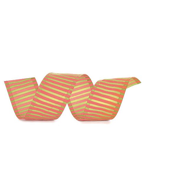 Fita Decorativa Aramada Listras Laranja/Verde 27Mmx10M