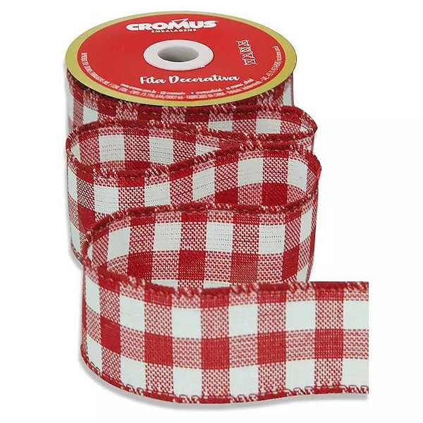 Fita Decorativa Natal Xadrez Vermelha e Branca 6,3 x 9,14m