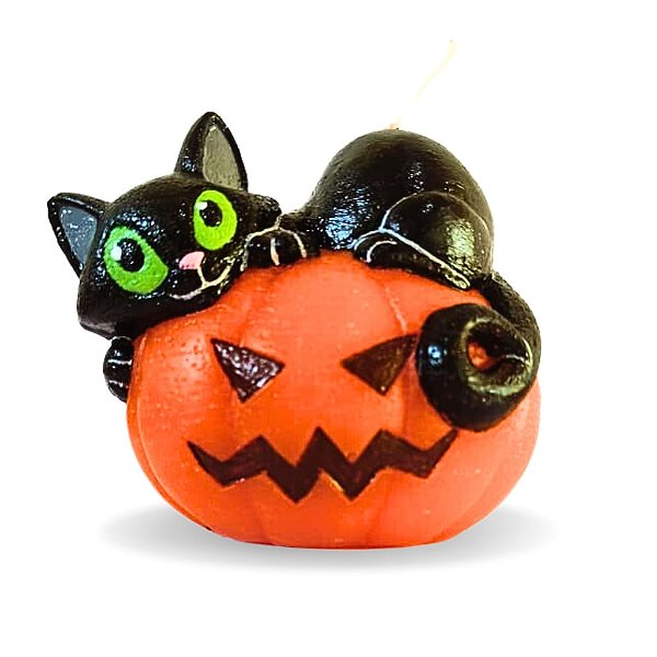 Vela Artesanal Gatinho com Abóbora Divertido para Decoração de Halloween