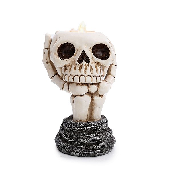 Castiçal Decorativo Mão Esqueleto Com Crânio para Decoração de Halloween - Cromus - 1 Un