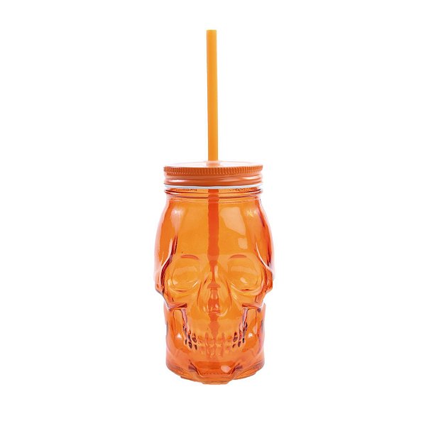 Copo Canudo Caveira Laranja Halloween - 1 Un