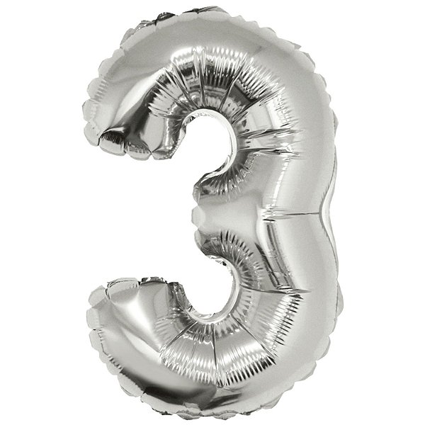 Balão Met. c/ Canudo 16" Prateado Número 3 - Silver Plastic - 1 un