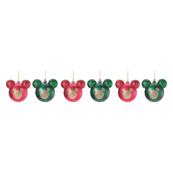 Bola Mickey com Glitter Vermelho Verde Ouro 6cm - Jogo com 6 Peças