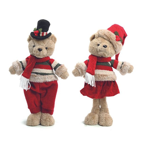 Urso Dec com Roupa Em Pé Marrom Vermelho Branco 40cm - 1 Un