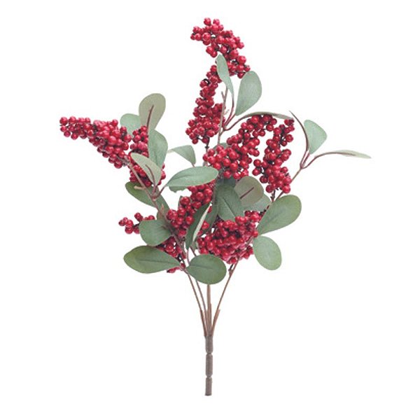 Galho Médio com Folhas/Frutas Verde Vermelho 45cm - 1 Un