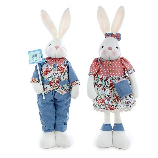Casal Coelhos Decorativos Em Pé Floral Claro (Summer) - 2 Un