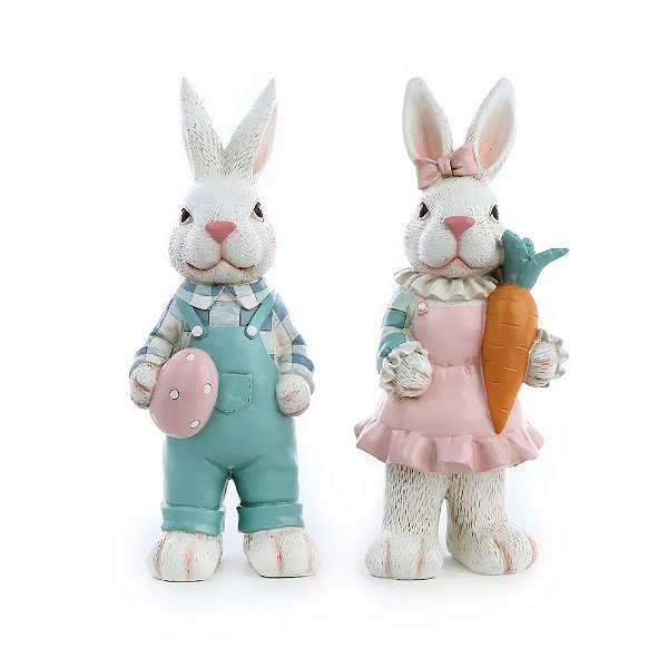 Casal Coelhos Decorativos Resina Claro 30cm (Cute Family) - 2 Un