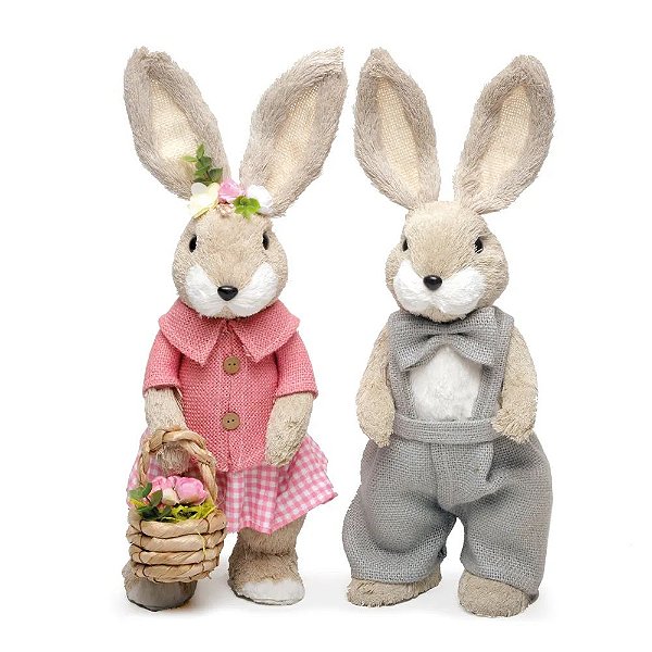 Casal Coelhos Decorativos Bege e Rosa e Azul Claro (Farmer) - 2 Un