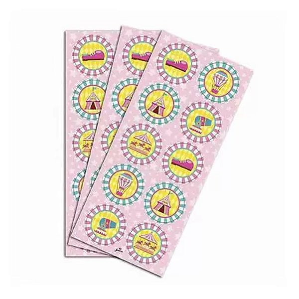 Adesivo Redondo Circus Rosa - 30 Adesivos