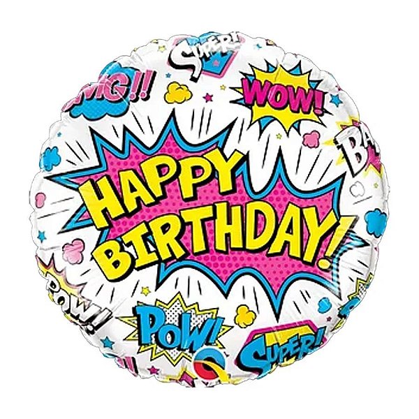 Balão Qualatex 18" - Redondo - Birthday!-Super-Heroi Branco - 1 Un