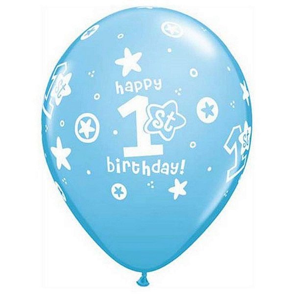 Balão Qualatex 11" - Redondo Azul Claro - Happy 1St Birthday!-Menino - 50 Un