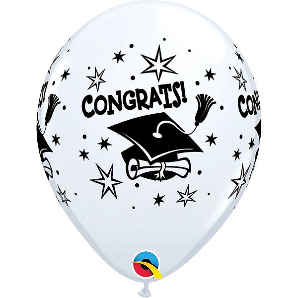 Balão Qualatex 11" - Redondo Branco - Congrats!-Chapéu - 50 Un