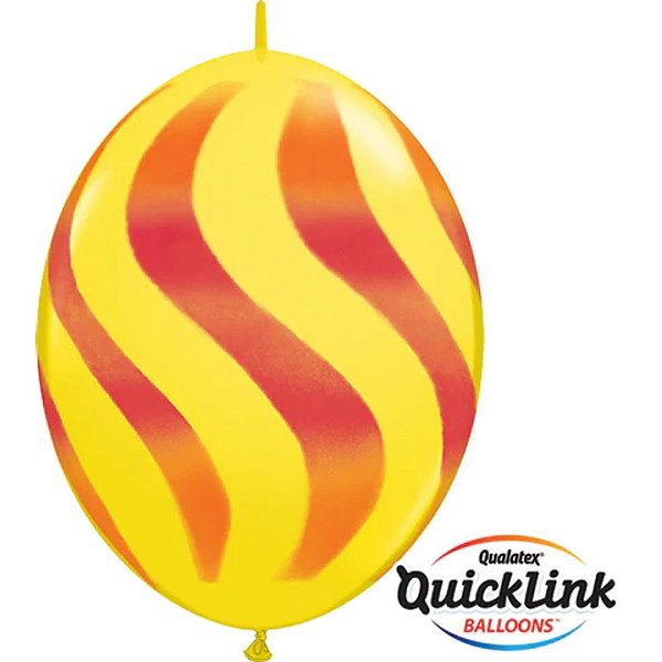 Balão Qualatex 12" - Q-Link Amarelo - Listras Onduladas Laranja E Vermelho - 50 Un