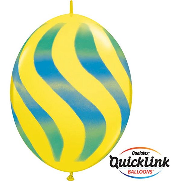 Balão Qualatex 12" - Q-Link Amarelo - Listras Onduladas Verdes E Azuis - 50 Un