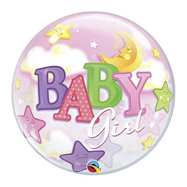 Balão Qualatex 22" - Bubble Simples - Baby Girl-Lua E Estrelas - 1 Un