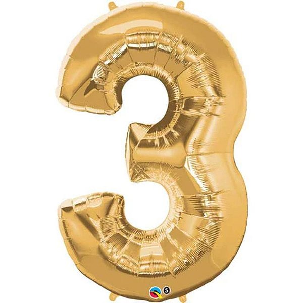 Balão Qualatex 34" - Número Três Ouro - 1 Un