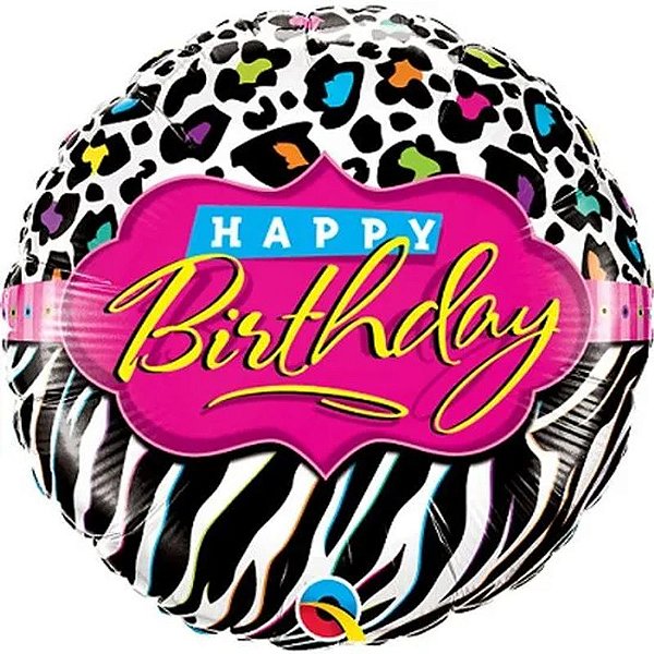 Balão Qualatex 18" - Redondo - Birthday-Zebras E Leopardo - 1 Un