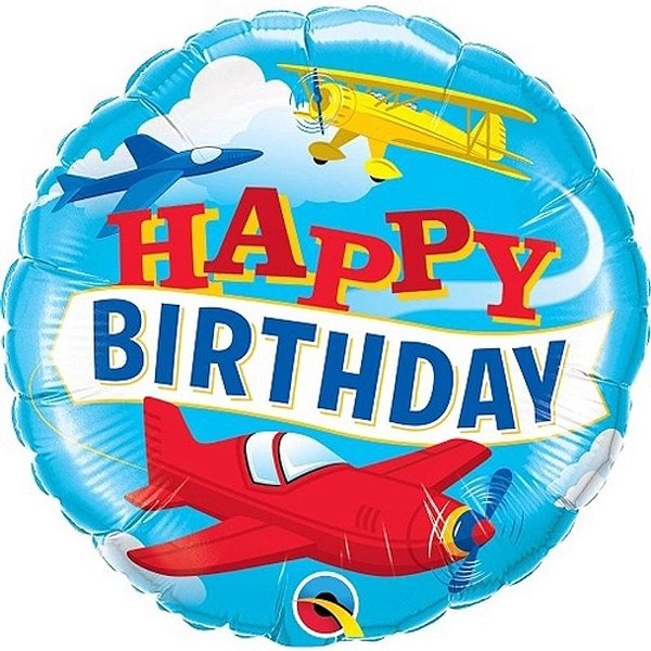 Balão Qualatex 18" - Redondo - Happy Birthday-Aviões - 1 Un