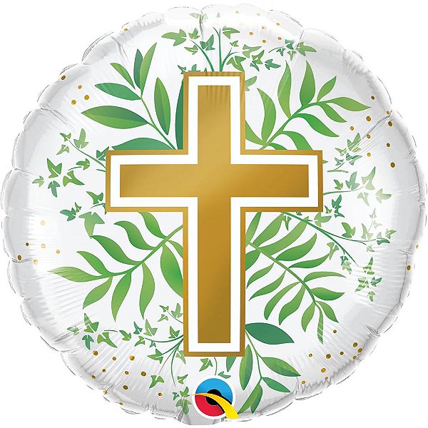 Balão Qualatex 18" - Redondo - Cruz Dourada-Folhagem - 1 Un