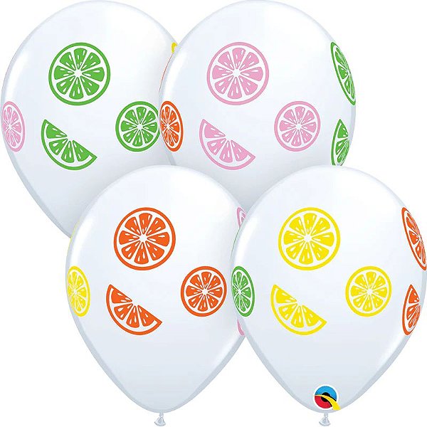 Balão Qualatex 11" - Redondo Branco - Rodelas De Frutas Coloridas - 50 Un