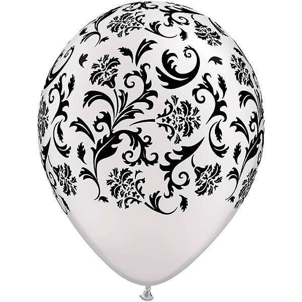 Balão Qualatex 11" - Redondo Branco Perolado - Estampa De Damask - 50 Un