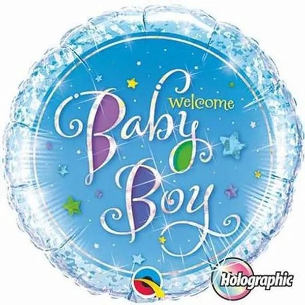 Balão Qualatex 18" - Redondo Hol - Welcome Baby Boy-Estrelas - 1 Un