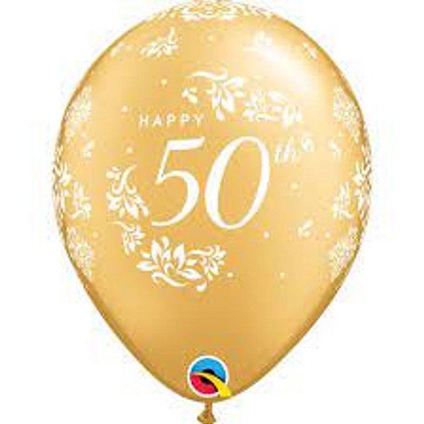 Balão Qualatex 11" - Redondo Ouro - Happy 50Th Anniversary-Damask - 50 Un