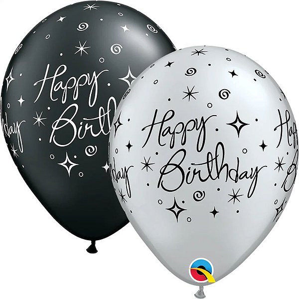 Balão Qualatex 11" - Redondo Perolado Preto E Prat - Birthday-Faíscas E Espirais - 50 Un