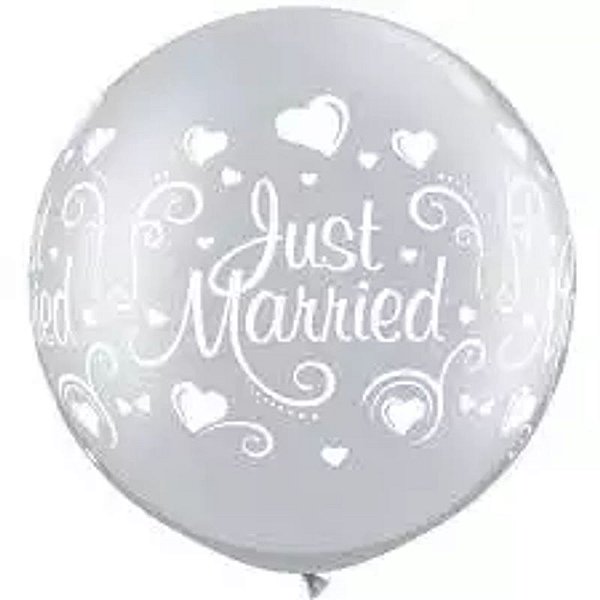Balão Qualatex 30" - Redondo Prata - Just Married-Corações - 2 Un