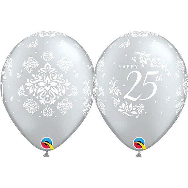 Balão Qualatex 11" - Redondo Prata - Happy 25Th Anniversary-Damask - 50 Un