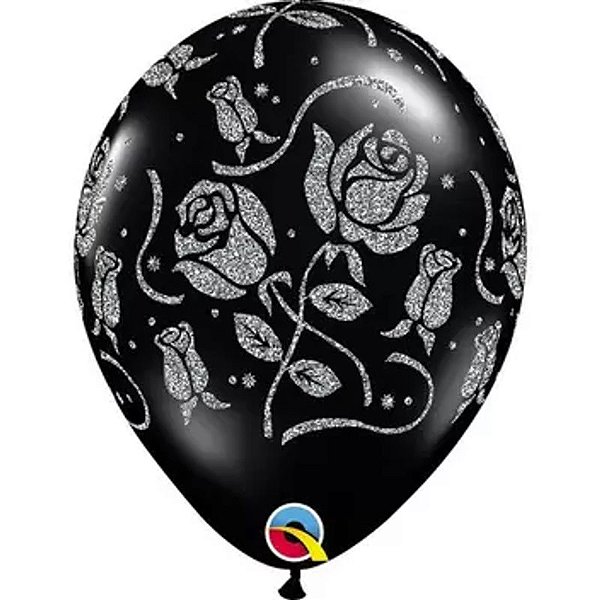 Balão Qualatex 11" - Redondo Preto Onix - Rosas De Glitter A-R - 25 Un