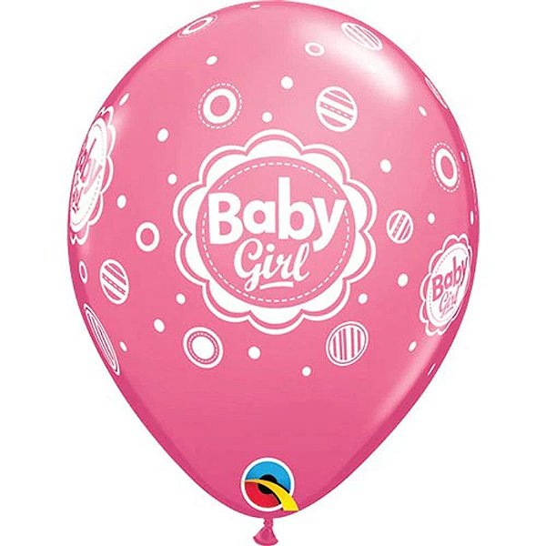 Balão Qualatex 11" - Redondo Rosa - Baby Girl-Bolinhas Polka - 50 Un