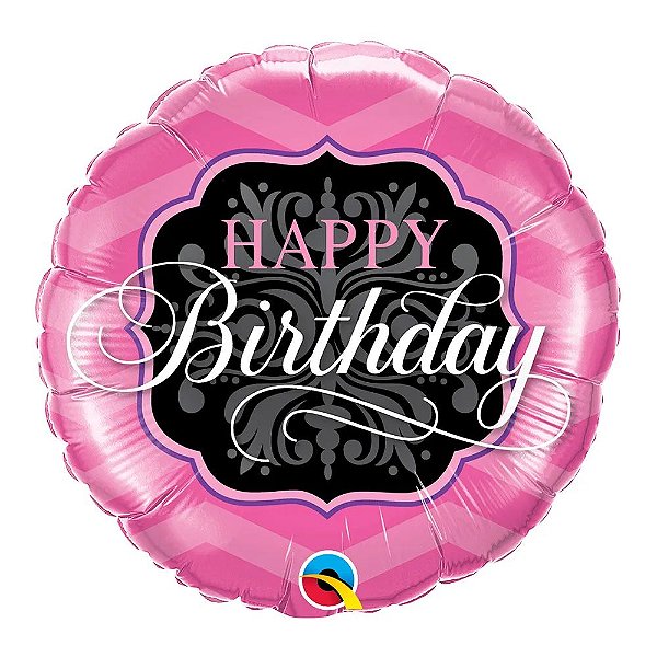 Balão Qualatex 09" - Redondo Solto - Happy Birthday-Rosa E Preto - 1 Un