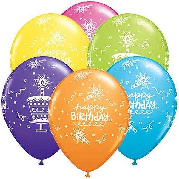 Balão Qualatex 11" - Redondo Sortido Carnaval - Happy Birthday-Bolo E Vela - 50 Un