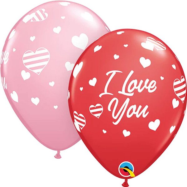 Balão Qualatex 11" - Redondo Sortido Especial - I Love You-Corações Listras - 50 Un
