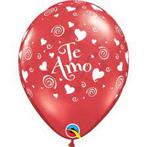 Balão Qualatex 11" - Redondo Vermelho Rubi - Te Amo-Corações E Espirais - 50 Un