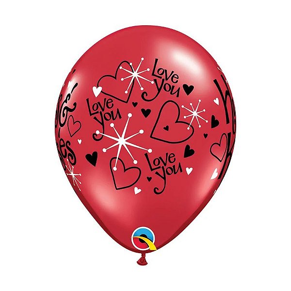 Balão Qualatex 11" - Redondo Vermelho Rubi - Love You-Hugs E Kisses - 50 Un