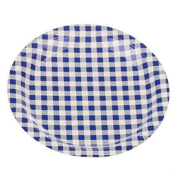 Prato de Papel Junino Xadrez 18cm Azul - 10 Un