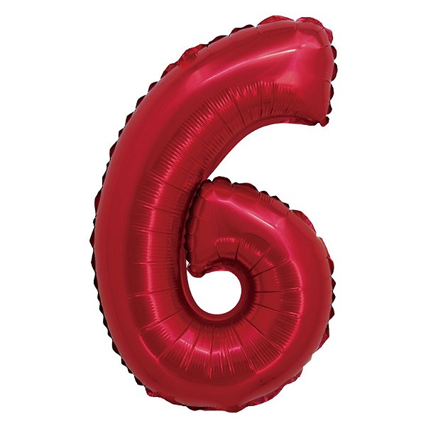 Balão Metalizado com Canudo 16" Vermelho Número 6 - Silver Plastic - 1 Unidade