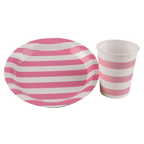 Prato de Papel Listrado 18cm Rosa Bebê - 10 Un