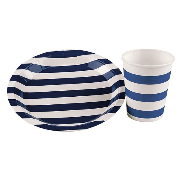 Prato de Papel Listrado 18cm Azul - 10 Un