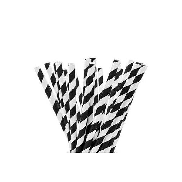 Canudo de Papel Listrado 19,5cm Preto - 12 Un