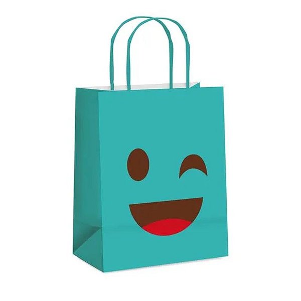 Sacola de Papel Emoticons Azul M 26x19,5x9,5cm - 10 Un