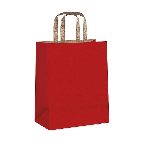 Sacola de Papel com Alça Chata Vermelha Kraft M 26x19,5x9,5cm - 10 Un