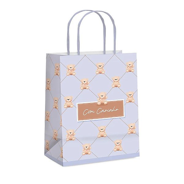 Sacola de Papel Ursinho Botone Azul M 26x19,5x9,5cm - 10 Un