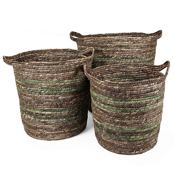 Cesta com Alça Marrom/Verde Mandala - Kit com 3 Un