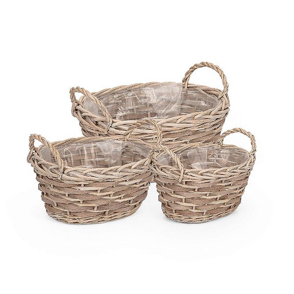 Cesto Madeira com Alça Entrelaçado - Kit com 3 Un